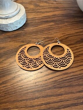 Wooden Laser-Cut Round Hoop Earrings - Tan